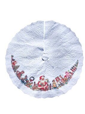 Vintage Felt Christmas Tree Skirt White Embossed Holly Santa Toys Giordano 1984